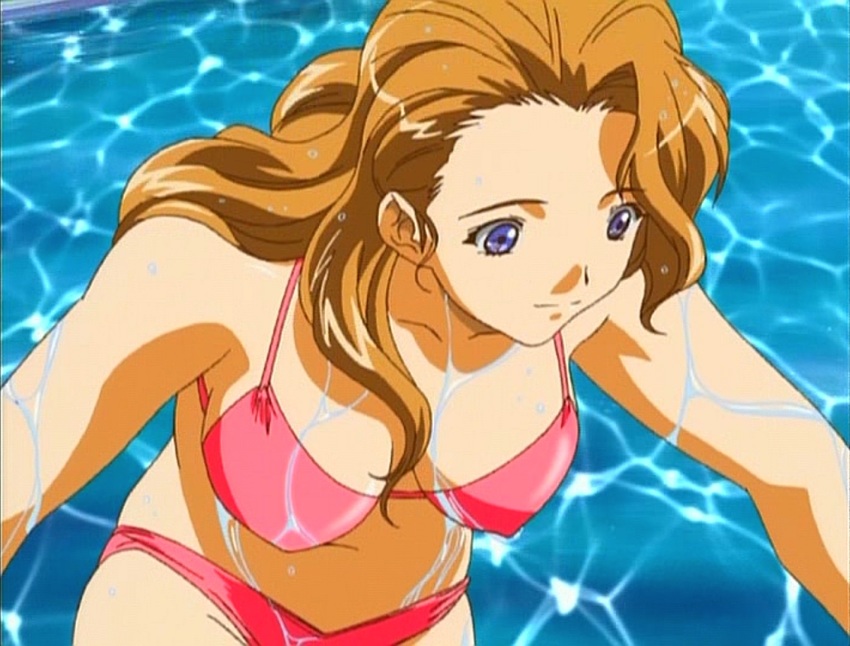 2000s_(style) anime_screenshot bikini blue_eyes breasts brown_hair cleavage closed_mouth color_issue covered_erect_nipples cowboy_shot from_above i&quot;s leaning_forward light_smile looking_away looking_down looking_to_the_side medium_breasts midriff mons_pubis navel pink_bikini pool reiko_(i&quot;s) solo swimsuit water wet