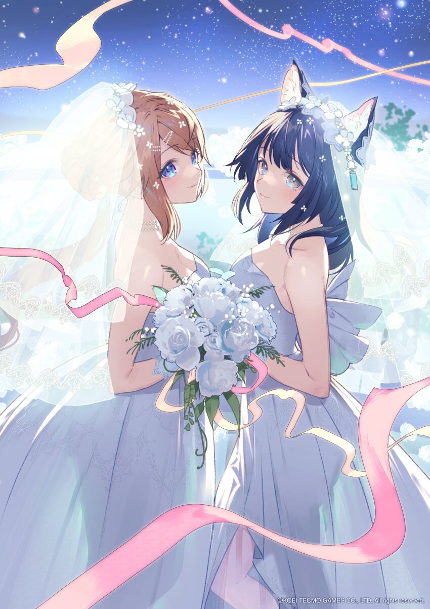 2girls absurdres animal_ear_fluff animal_ears atelier_(series) atelier_resleriana bare_shoulders black_hair blue_eyes bouquet breasts bridal_veil bride brown_hair cat_ears cat_girl cleavage closed_mouth commentary cowboy_shot dress female_focus flower from_side hair_between_eyes hair_ornament hairclip highres holding holding_bouquet izana_kokoschka jewelry long_hair looking_at_viewer medium_breasts multiple_girls necklace official_alternate_costume official_art outdoors resna_sternenlicht rose second-party_source short_hair sky smile standing star_(sky) starry_sky strapless strapless_dress umiu_geso veil wedding_dress white_dress white_flower white_rose wife_and_wife yuri
