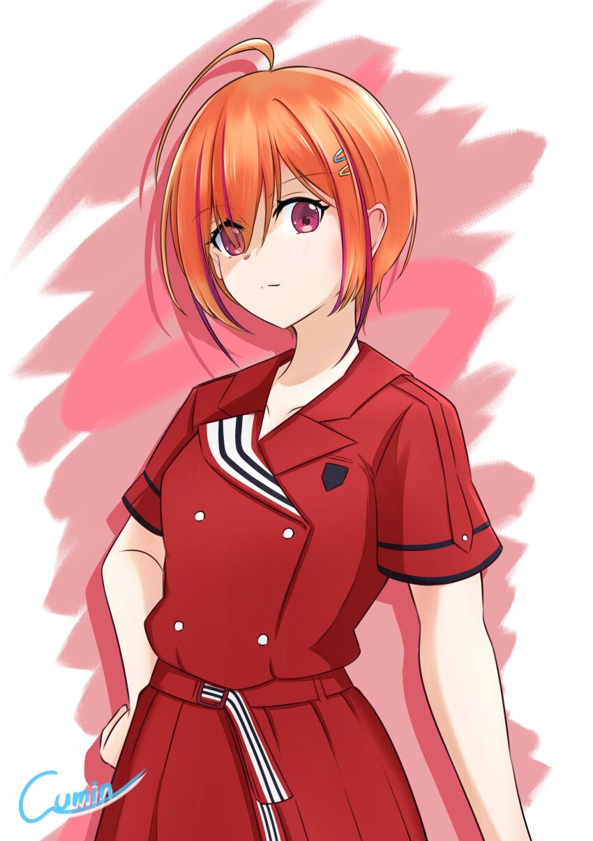 22/7 absurdres ahoge artist_name belt belt_buckle bow buckle buttons closed_mouth cowboy_shot double-breasted dress emblem eyes_visible_through_hair hair_ornament hairclip hand_on_own_hip highres himuro_mizuki multicolored_hair nani_mo_shiteagerarenai orange_hair pink_hair red_belt red_bow red_dress red_eyes short_hair short_sleeves signature standing streaked_hair takumitu_711 two-tone_hair