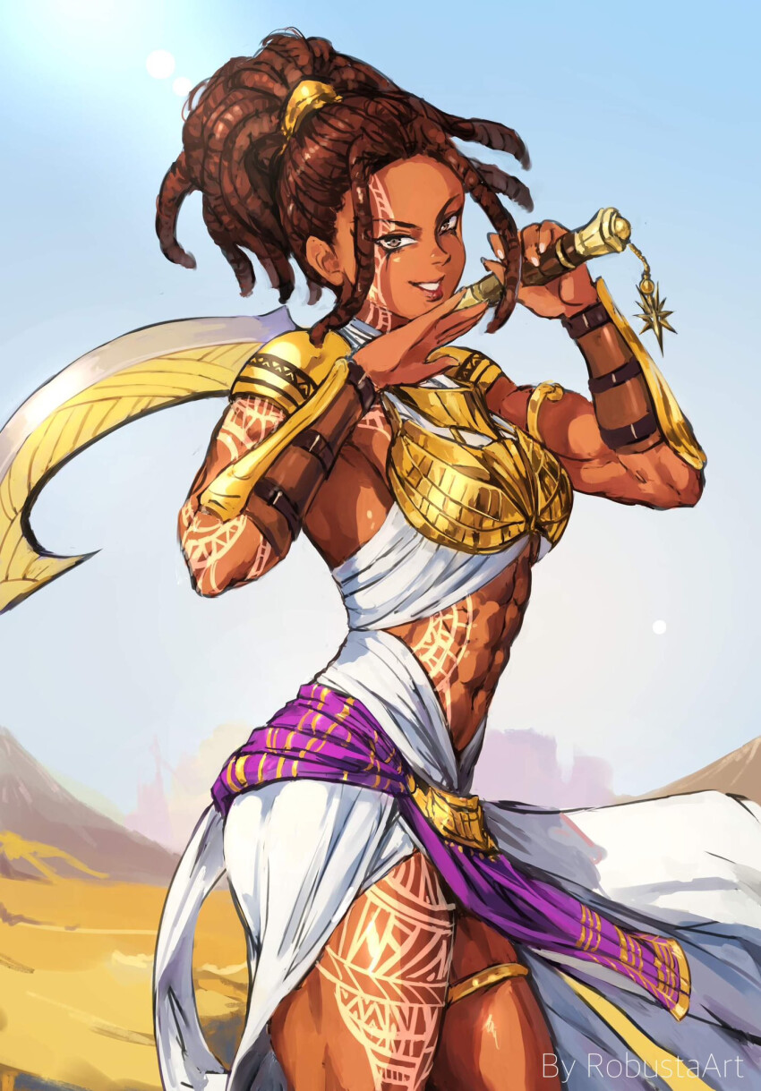 1girl abs ancient_egyptian_clothes armlet armor brown_hair criss-cross_halter dark_skin desert dreadlocks facial_tattoo greaves grey_eyes halterneck highres jewelry khopesh muscular muscular_female original pauldrons robusta_mania shoulder_armor signature skirt smile solo tattoo thick_thighs thighs toned