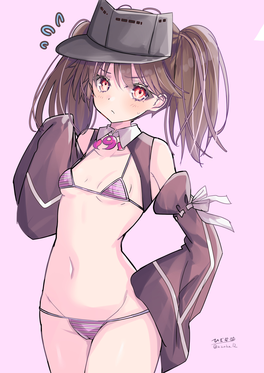 1girl absurdres adapted_costume bikini breasts brown_eyes brown_hair brown_sleeves cowboy_shot detached_sleeves flying_sweatdrops grey_bikini highres hizaka kantai_collection long_hair magatama micro_bikini navel one-hour_drawing_challenge red_eyes ryuujou_(kancolle) small_breasts solo swimsuit twintails visor_cap