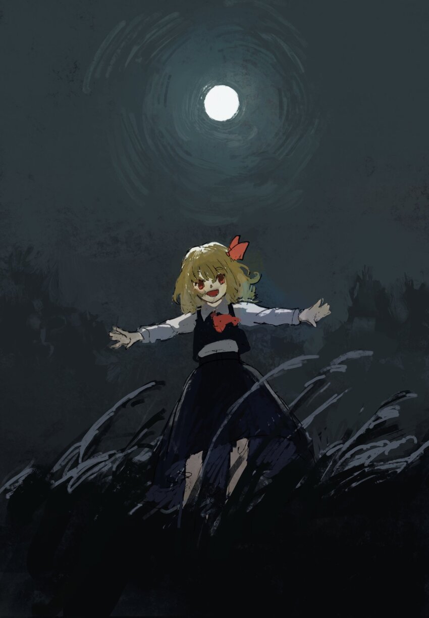 1girl ascot black_skirt black_vest blonde_hair dark darkness full_moon ge_dazuo hair_ribbon hands_up highres long_sleeves looking_at_viewer medium_hair moon night open_mouth red_ascot red_eyes ribbon rumia shirt skirt smile solo touhou vest white_shirt
