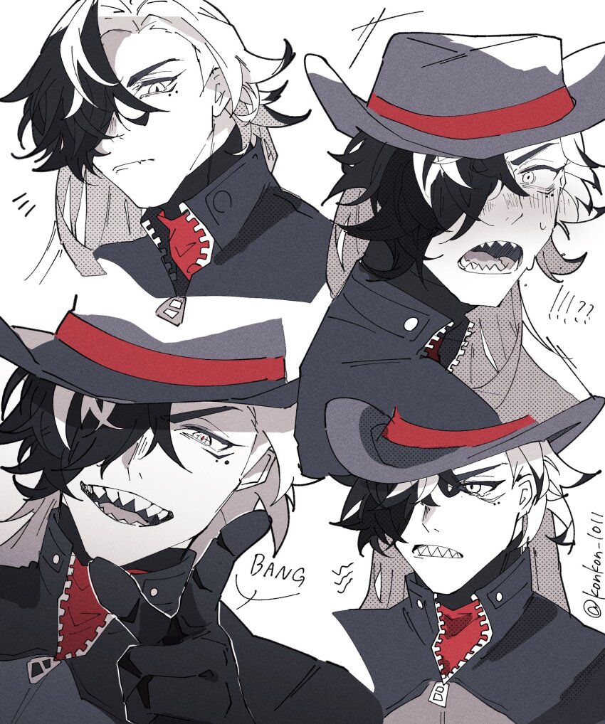 !? 1boy artist_name bang_(gesture) black_hair black_jacket blush boothill_(honkai:_star_rail) clenched_teeth closed_mouth commentary cowboy_hat embarrassed english_text multiple_expressions fang finger_gun frown grey_hat hair_over_one_eye hat highres honkai:_star_rail honkai_(series) jacket kon_(konkon_1011) long_hair looking_at_viewer male_focus mole mole_under_eye multicolored_hair multiple_moles multiple_views nose_blush notice_lines open_mouth paper_texture partially_colored pointing pointing_at_viewer sharp_teeth simple_background skin_fang smile split-color_hair sweat tearing_up tears teeth twitter_username two-tone_hair upper_body v-shaped_eyebrows white_hair wide-eyed zipper zipper_pull_tab