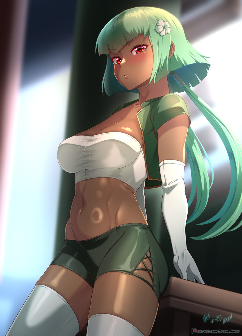 1girl alternate_costume arm_support ass blunt_bangs blush bob_cut breasts cleavage closed_mouth collarbone commentary cowboy_shot cropped_jacket dark-skinned_female dark_skin elbow_gloves emerald_sustrai english_commentary eyelashes flower gloves green_hair green_jacket green_shorts hair_flower hair_ornament highres jacket large_variant_set looking_at_viewer medium_breasts medium_hair navel paid_reward_available patreon_logo patreon_username red_eyes rwby short_shorts short_sleeves shorts sidelocks signature skindentation solo standing stomach strapless thighhighs thighs toned toned_female tube_top variant_set vilde_loh_hocen watermark web_address white_gloves white_thighhighs white_tube_top