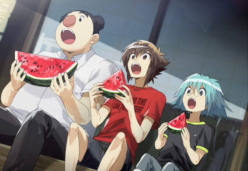 3boys black_eyes black_hair black_pants black_shirt black_shorts blue_eyes blue_hair blue_pants brown_eyes brown_hair building dress_shirt eating english_text food fruit glass holding holding_food holding_fruit holding_watermelon looking_at_object maeda_hayato male_focus marufuji_sho moribuden multiple_boys open_mouth outdoors pants red_shirt shirt shorts sitting sitting_on_object watermelon white_shirt wooden_stairs wooden_wall yu-gi-oh! yu-gi-oh!_gx yuki_judai