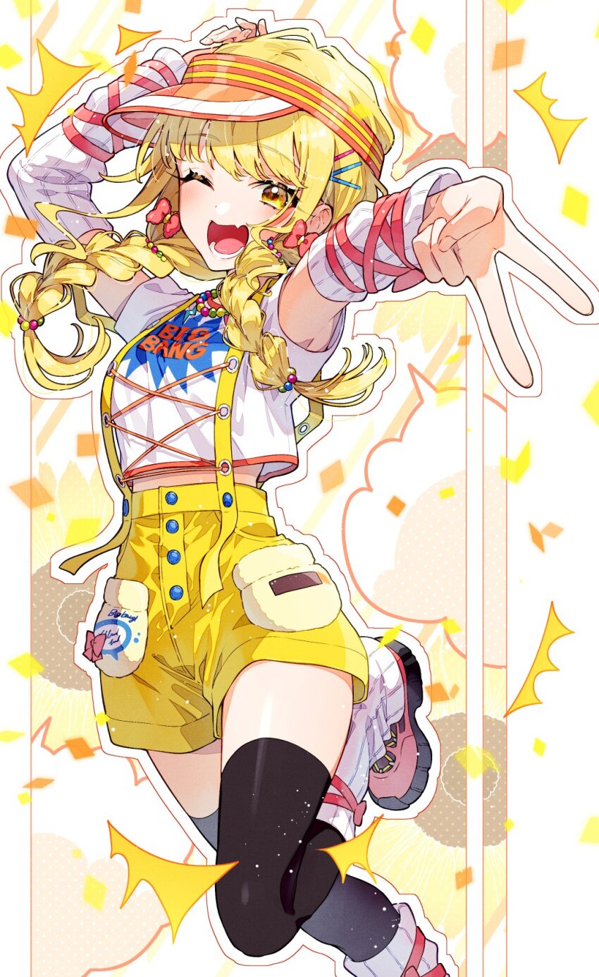 1girl ;d ^^^ arms_up black_thighhighs blonde_hair braid commentary_request fujita_kotone gakuen_idolmaster gyaru_v hair_ornament hairclip highres idolmaster leg_up long_hair looking_at_viewer low_twin_braids midriff official_alternate_costume one_eye_closed open_mouth orange_visor sakuragi_ren shirt short_sleeves shorts sidelocks smile solo suspender_shorts suspenders thighhighs twin_braids v visor_cap white_arm_warmers white_shirt yellow_background yellow_big_bang!_(idolmaster) yellow_eyes yellow_shorts