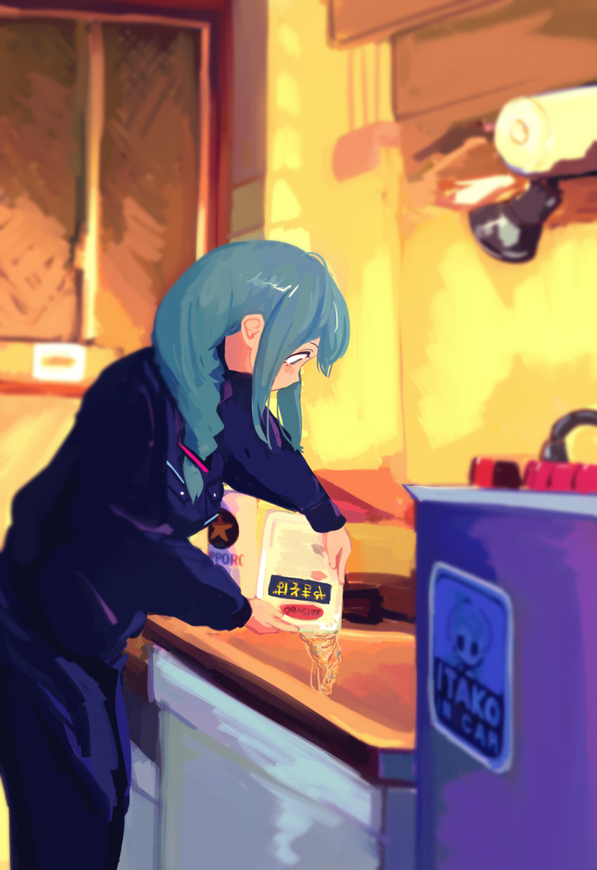 1girl blue_hair braid cowboy_shot cup_ramen faucet from_side hair_ornament hair_over_shoulder hatsune_miku higemu highres indoors korean_text long_hair long_sleeves pouring profile side_braid sidelocks single_braid sink solo standing vocaloid