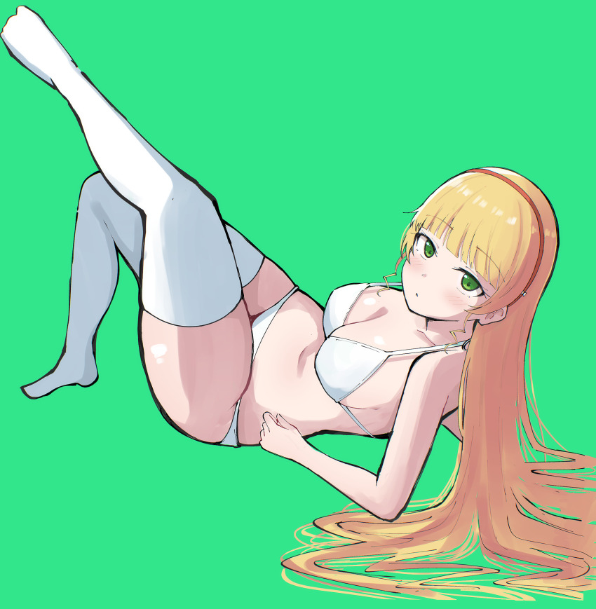 1girl absurdres blonde_hair blunt_bangs blush bra breasts cleavage commentary_request curly_sidelocks green_background green_eyes hairband heanna_sumire highres long_hair looking_at_viewer love_live! love_live!_superstar!! lying navel on_back open_mouth panties red_hairband simple_background skindentation solo thighhighs underwear wewe white_bra white_panties white_thighhighs