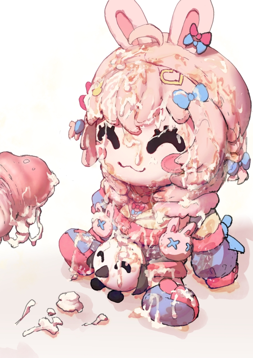 1boy :3 ^_^ agalmatophilia ahoge animal_ears blush_stickers bow bukkake character_doll closed_eyes cum cum_on_object doll erection hair_bow hair_ornament hashtag-only_commentary heart heart_hair_ornament highres hollowsuia jacket long_sleeves object_focus penis phase_connect pink_hair pipkin_pippa pipkin_pippa_(1st_costume) rabbit_ears rabbit_hair_ornament simple_background sleeves_past_fingers sleeves_past_wrists smile stain stuffed_toy uncensored variant_set virtual_youtuber white_background