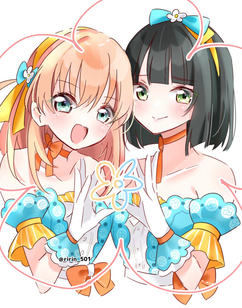 2girls :d absurdres bare_shoulders black_hair blue_bow blue_eyes blunt_bangs blunt_ends bob_cut bow bow_hairband breasts celebration!_(love_live!) cerise_bouquet closed_mouth collarbone commentary_request cropped_torso detached_sleeves dress flower flower_hairband frilled_gloves frills gloves green_eyes hairband highres hinoshita_kaho link!_like!_love_live! looking_at_viewer love_live! medium_breasts medium_hair momose_ginko multiple_girls official_alternate_costume open_mouth orange_hair raised_inner_eyebrows ririn_(ririn_501) short_sleeves simple_background smile split_mouth strapless strapless_dress twitter_username two_side_up virtual_youtuber white_background white_flower white_gloves yellow_hairband