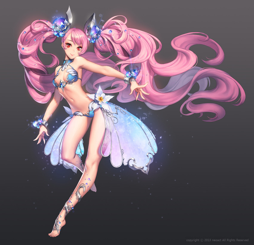 1girl armor bare_shoulders barefoot barefoot_sandals_(jewelry) bikini bikini_armor blue_bikini bracelet breasts chaos_online cleavage feet female_focus fingernails full_body gradient_background hair_ornament jewelry long_fingernails long_hair lots_of_jewelry love_cacao navel pink_hair red_eyes rozamia smile solo swimsuit twintails very_long_hair watermark