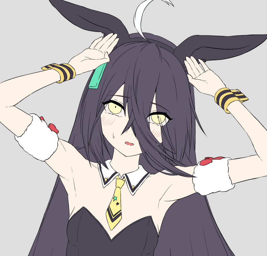 animal_ear_hairband animal_ears arm_strap armpits arms_up black_hair black_leotard blush crossed_bangs detached_collar ear_tag earrings fake_animal_ears grey_background hair_between_eyes hairband highres jewelry leotard long_bangs long_hair long_hair_between_eyes manhattan_cafe_(umamusume) multicolored_hair necktie rabbit_ears rabbit_pose reo-illust4696 short_necktie sidelocks simple_background single_earring strapless strapless_leotard umamusume white_hair wrist_cuffs yellow_eyes yellow_necktie