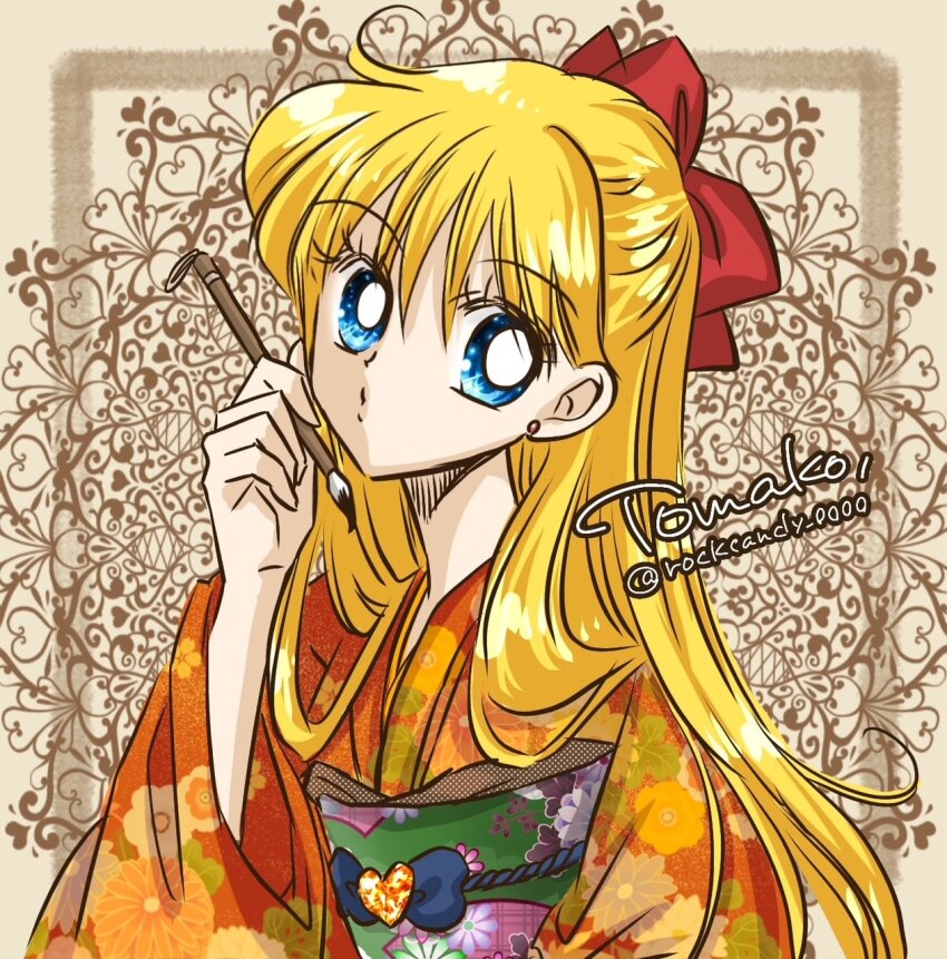 1girl aino_minako bishoujo_senshi_sailor_moon blonde_hair blue_eyes bow hair_bow highres japanese_clothes kimono long_hair looking_at_viewer multicolored_sash obi orange_kimono puckered_lips red_bow rockcandy_0000 sash solo