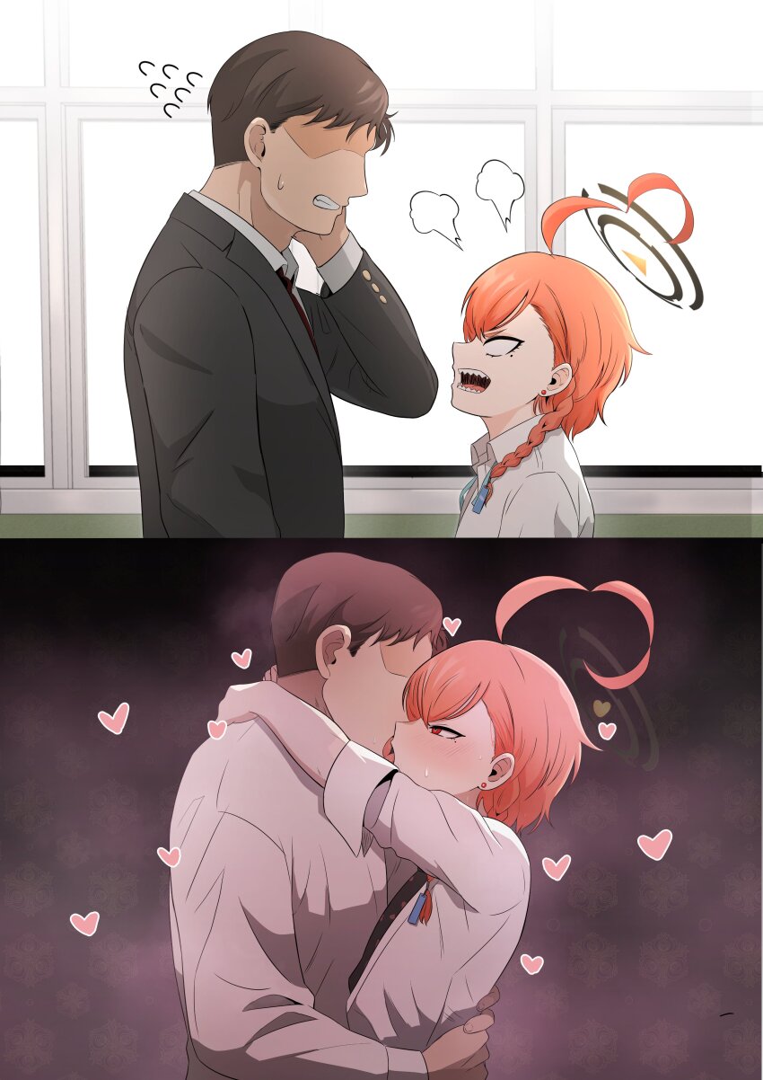 1boy 1girl absurdres ahoge angry blue_archive brown_hair eyelashes french_kiss heart height_difference hetero highres kiss neru_(blue_archive) orange_hair sensei_(blue_archive) sharp_teeth short_hair sleepnya teeth