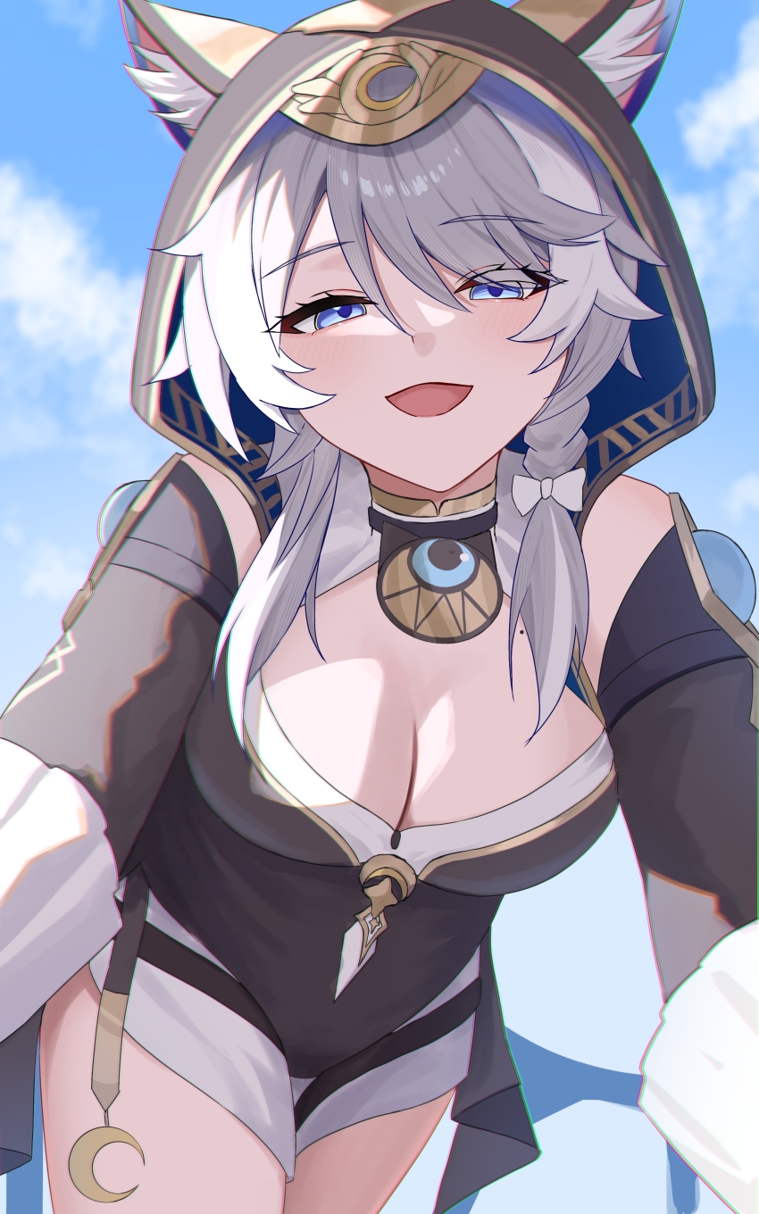 1girl absurdres anima_miko animal_ears animal_hood blue_eyes blue_sky breasts brown_hood cat_ears cat_girl cat_hood cipher_(honkai:_star_rail) cleavage commentary_request grey_hair highres honkai:_star_rail honkai_(series) hood looking_at_viewer medium_breasts mole mole_on_breast open_mouth pov short_hair_with_long_locks short_shorts shorts sky solo thighs white_shorts