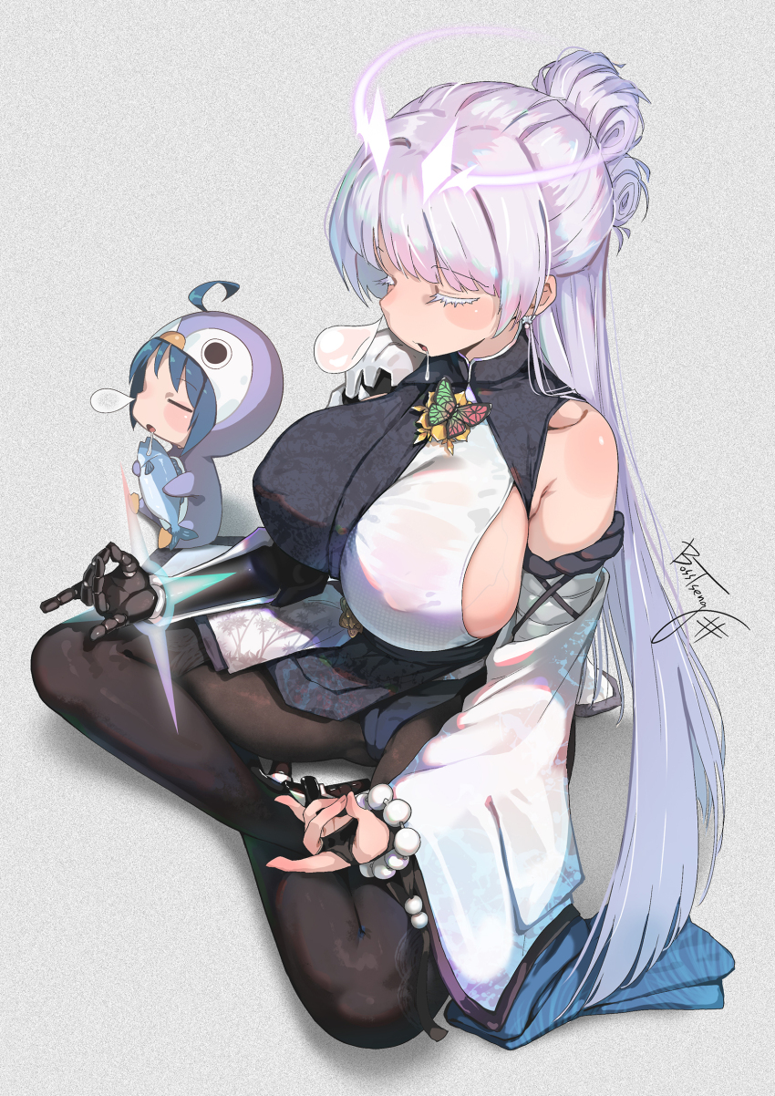 2girls ahoge animal animal_costume armpit_crease asymmetrical_clothes asymmetrical_dress bare_shoulders bead_bracelet beads black_bridal_gauntlets black_dress black_pantyhose blue_hair blue_haori bosstseng bracelet breasts bridal_gauntlets butterfly_earrings butterfly_ornament cameltoe closed_eyes colored_eyelashes commentary detached_sleeves double_fox_shadow_puppet dress drooling earrings fish fox_shadow_puppet goddess_of_victory:_nikke grey_background grey_hair hair_bun half_updo halo haori highres holding holding_animal holding_fish japanese_clothes jewelry large_breasts long_hair mechanical_arms mechanical_halo mechanical_hands meditation multiple_girls natsuki_(bosstseng) nayuta_(nikke) nose_bubble original pantyhose parted_lips penguin_costume plant_print print_dress print_haori prosthesis prosthetic_hand saliva sideboob signature simple_background single_mechanical_arm single_mechanical_hand sleeping split-color_clothes turtleneck turtleneck_dress two-tone_dress very_long_hair white_dress white_eyelashes
