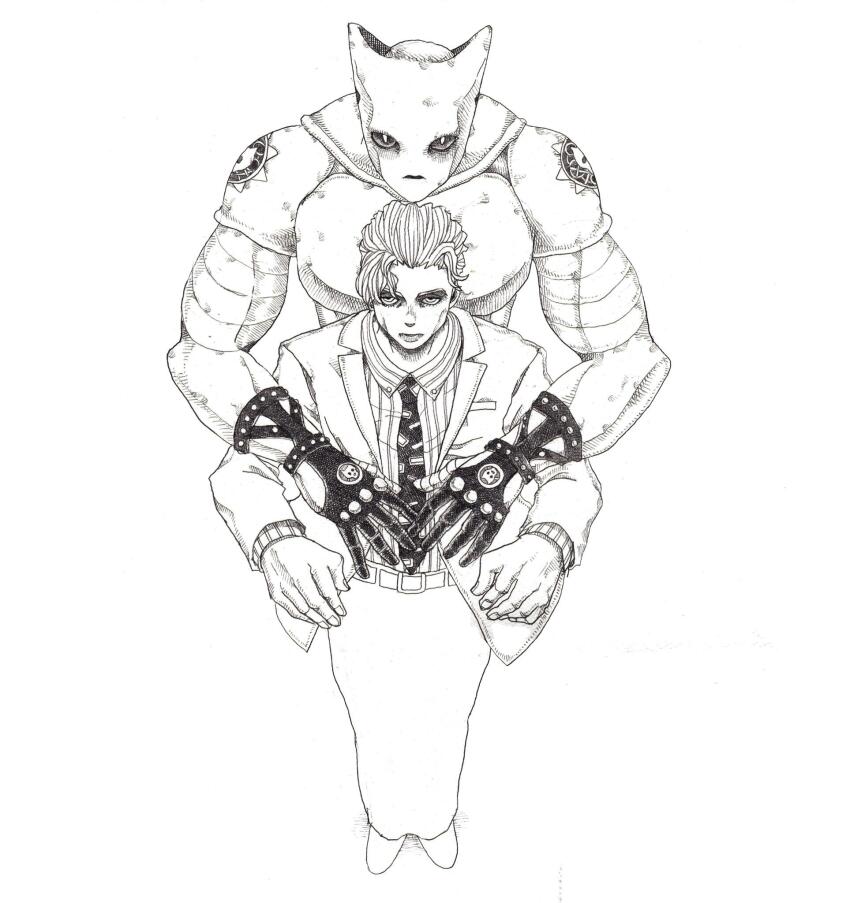 1boy 1other almond_eyes belt coat commentary diamond_wa_kudakenai gloves greyscale highres jojo_no_kimyou_na_bouken killer_queen kira_yoshikage leather leather_gloves lineart looking_at_viewer male_focus monochrome necktie skull stand_(jojo) white_background yonezu_kenshi