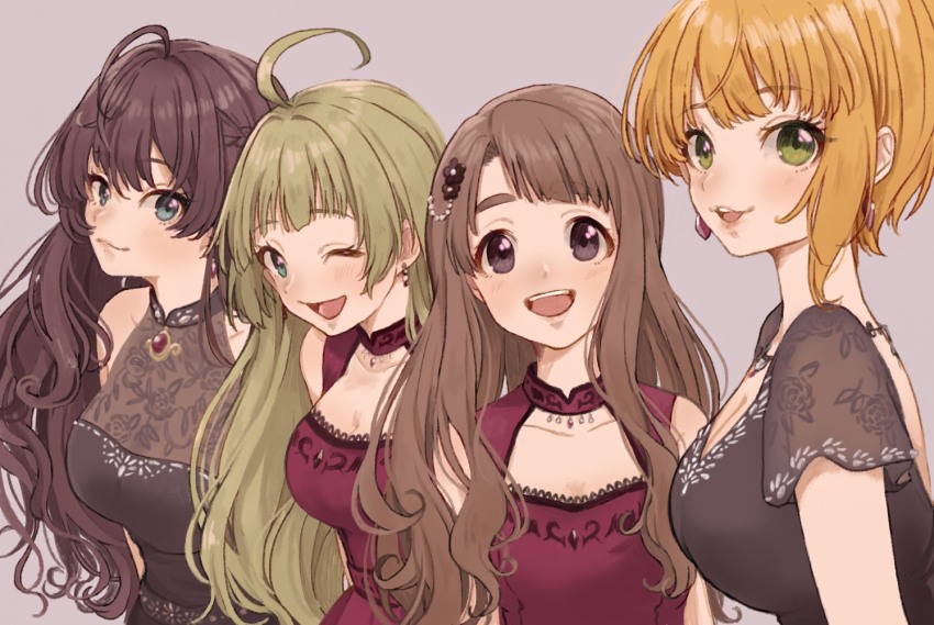 4girls :3 :d ;d ahoge bare_shoulders black_dress blonde_hair blue_eyes blush braid breasts brown_hair cleasky_(idolmaster) cleavage cleavage_cutout closed_mouth clothing_cutout collarbone commentary_request curtained_hair dress earrings floating_earrings flower gem green_eyes green_hair grey_eyes hair_flower hair_ornament ichinose_shiki idolmaster idolmaster_cinderella_girls idolmaster_cinderella_girls_starlight_stage idolmaster_million_live! idolmaster_million_live!_theater_days jewelry large_breasts long_hair looking_at_viewer looking_to_the_side medium_breasts medium_hair miyamoto_frederica miyao_miya multiple_girls necklace one_eye_closed open_mouth pink_background raised_eyebrows red_dress red_gemstone see-through_clothes see-through_cleavage shimabara_elena short_sleeves sidelocks sideways_glance simple_background sleeveless sleeveless_dress smile tanupon teeth thick_eyebrows thick_eyelashes upper_body upper_teeth_only wavy_hair