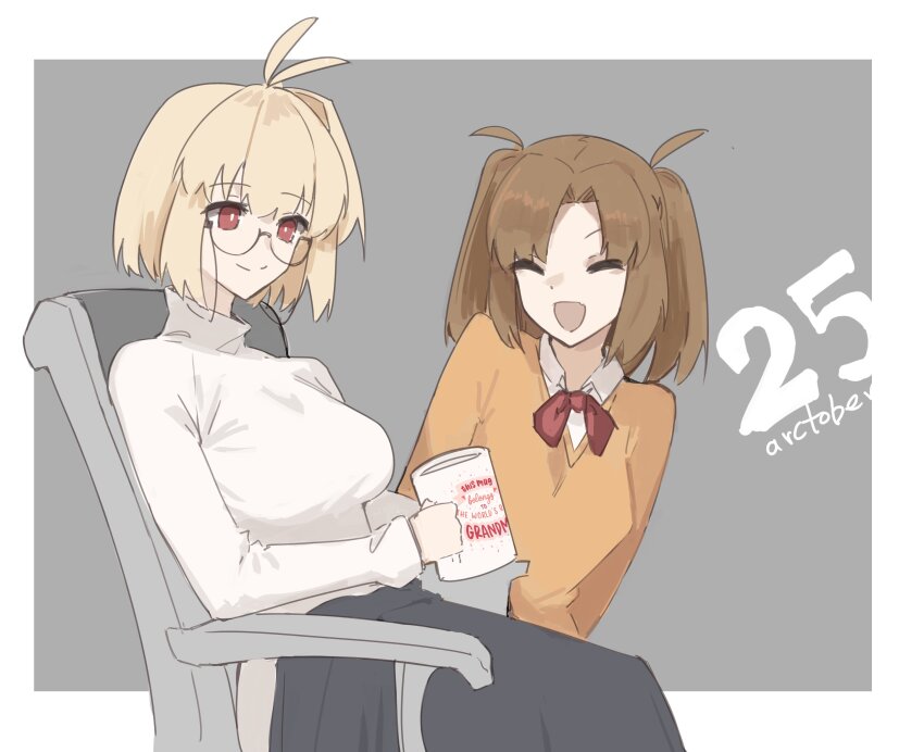 2girls :d absurdres arcueid_brunestud blanket breasts brown_hair chair coffee coffee_mug cup eyewear_on_head glasses highres jonyeld large_breasts mug multiple_girls on_chair open_mouth red_eyes resting short_hair simple_background sitting smile sweater tsukihime tsukihime_(remake) turtleneck turtleneck_sweater twintails yumizuka_satsuki
