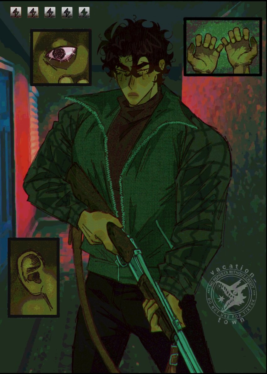 1boy assault_rifle black_hair black_shirt bloodshot_eyes claw_pose coat cowboy_shot crew_neck curtained_hair eyelid_pull facing_viewer gun hallway highres holding holding_gun holding_weapon male_focus messy_hair no_i&#039;m_not_a_human omniscient_reader&#039;s_viewpoint parody popped_collar rifle serious shirt short_hair solo vacation_town weapon winter_clothes winter_coat yoo_joonghyuk zooming_in