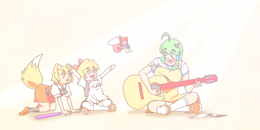 4girls absurdres acoustic_guitar animal_ears apron black_vest blonde_hair bow brown_background brown_shoes brown_skirt cat collared_shirt commentary_request cookie_(touhou) fox_ears fox_girl fox_tail full_body green_eyes green_hair guitar hair_ornament hair_tubes hakurei_reimu highres holding holding_microphone instrument kochiya_sanae long_hair looking_at_another looking_to_the_side manatsu_no_yo_no_inmu microphone mini_person minigirl miramikaru_riran miura_cat multiple_girls nadeko_(cookie) open_mouth paseri_(cookie) red_bow red_eyes rumia sakenomi_(cookie) shirt shoes short_hair short_sleeves single_hair_tube single_sidelock sitting skirt snake_hair_ornament socks tail touhou triangle_mouth ukiwagirl vest white_shirt white_socks yellow_apron