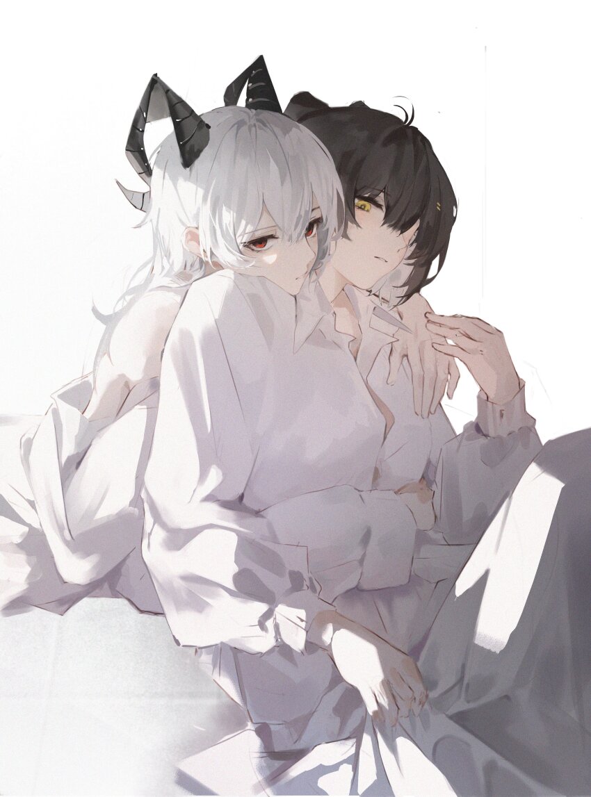 2girls absurdres alternate_costume arm_over_shoulder black_hair black_horns closed_mouth collared_shirt commentary curled_horns elyzerda female_rover_(wuthering_waves) hair_between_eyes hand_up hashtag-only_commentary highres horns hug hug_from_behind looking_at_viewer multiple_girls red_eyes rover_(wuthering_waves) shirt simple_background white_background white_hair white_shirt wuthering_waves yellow_eyes zani_(wuthering_waves)