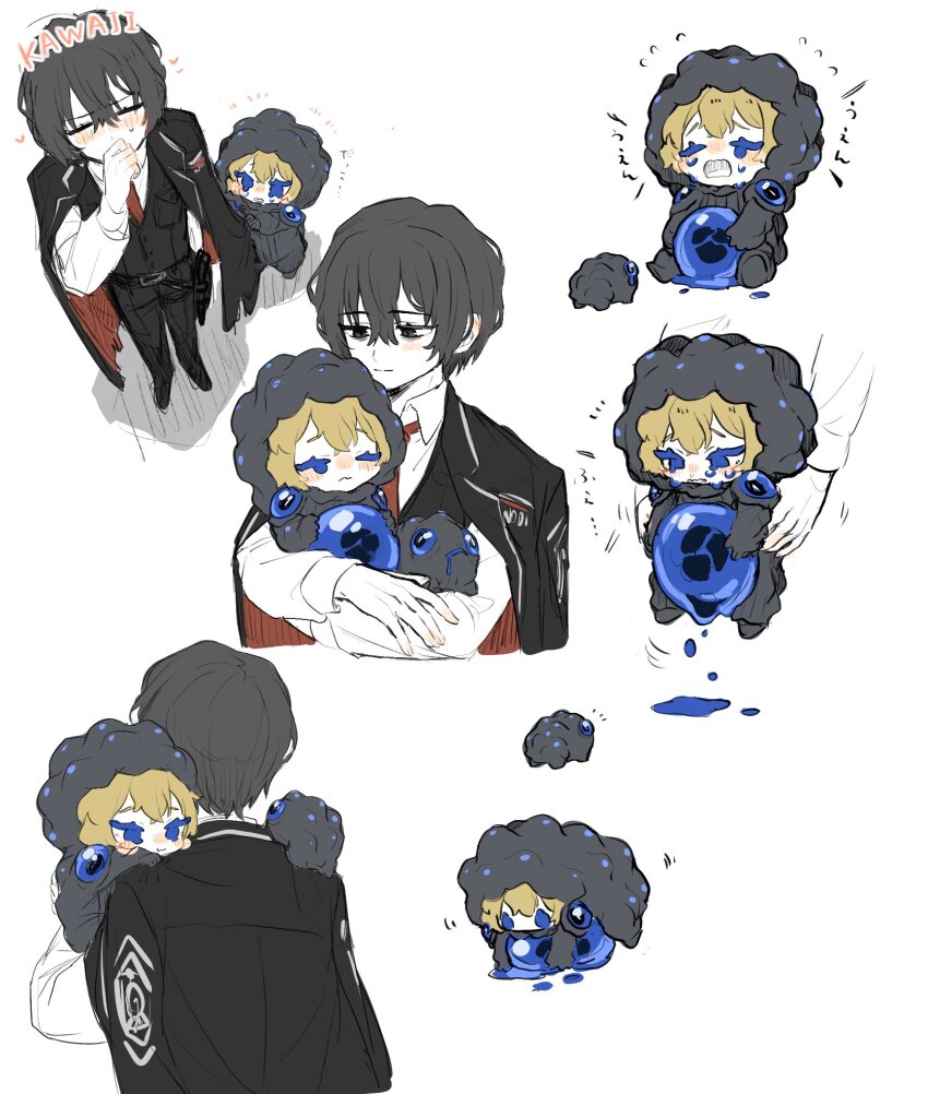2boys black_coat black_eyes black_hair blubbering_toad_(project_moon) carrying carrying_person cavernous_wailing_(e.g.o) coat coat_on_shoulders collared_shirt e.g.o_(project_moon) hands_up highres limbus_company long_sleeves mini_person miniboy multiple_boys necktie project_moon red_necktie shirt simple_background sinclair_(project_moon) upi_(ukn18pkanother) white_background white_shirt yellow_eyes yi_sang_(project_moon)