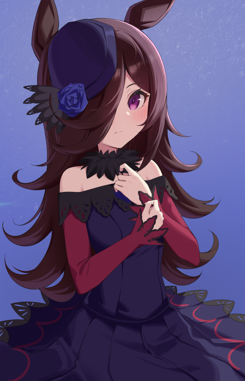 1girl absurdres animal_ears black_hair blue_background blue_dress blue_flower blue_hat blue_rose chinese_commentary closed_mouth commentary cowboy_shot dress flower frown fur_collar hair_over_one_eye hat hat_flower highres horse_ears horse_girl jei_(user_tckk7448) lace lace-trimmed_dress lace_trim long_hair long_sleeves medium_dress off-shoulder_dress off_shoulder purple_eyes rice_shower_(umamusume) rose solo tilted_headwear umamusume