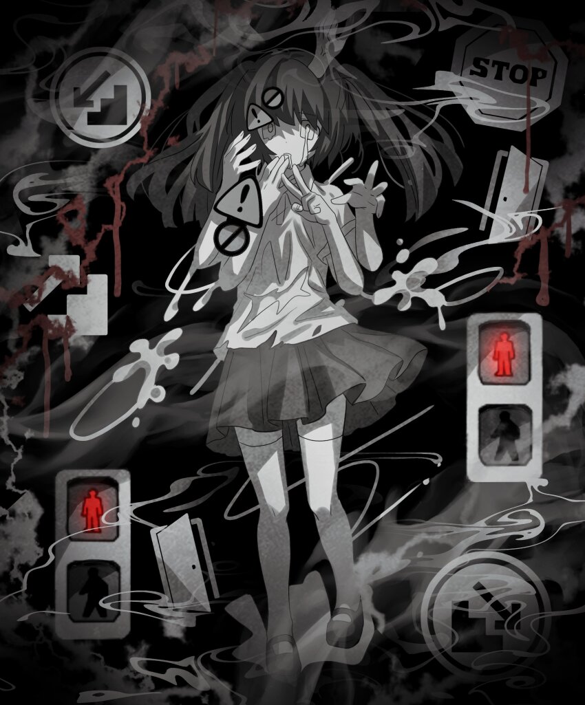1girl absurdres dark dot_nose extra_arms full_body hashtag-only_commentary highres kaitenta1 long_hair mary_janes monochrome monoko pedestrian_lights road_sign sad saliva shirt shoes sign skirt solo spot_color stop_sign teardrop thighhighs twintails v warning_sign yume_nikki zettai_ryouiki