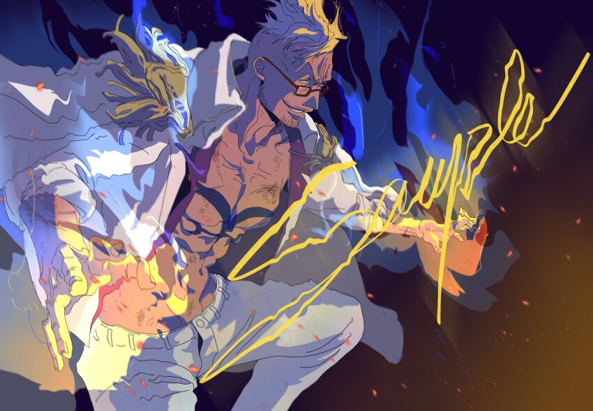 1boy absurdres beard_stubble blonde_hair chest_tattoo coat coat_on_shoulders commentary epaulettes facial_hair fengcheche glasses highres looking_ahead male_focus marco_(one_piece) one_piece pants sample_watermark short_hair smile solo stubble symbol-only_commentary tattoo watermark white_coat white_pants