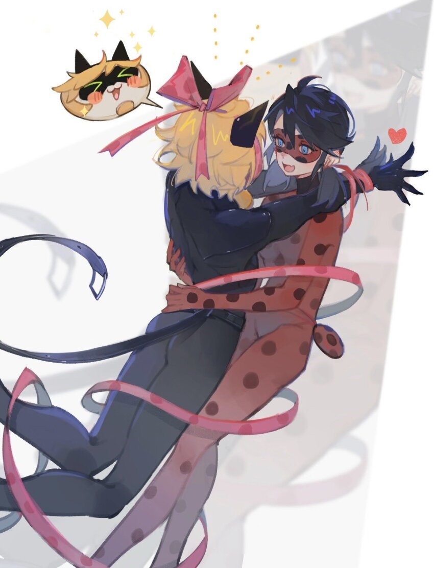 1boy 1girl animal_ears belt black_bodysuit black_hair blonde_hair blue_eyes blush bodysuit cat_ears chat_noir domino_mask fufu49829 hands_on_another&#039;s_hips hands_on_another&#039;s_shoulders heart highres ladybug_(character) mask miraculous_ladybug polka_dot red_bodysuit red_ribbon ribbon simple_background sparkle superhero_costume twintails
