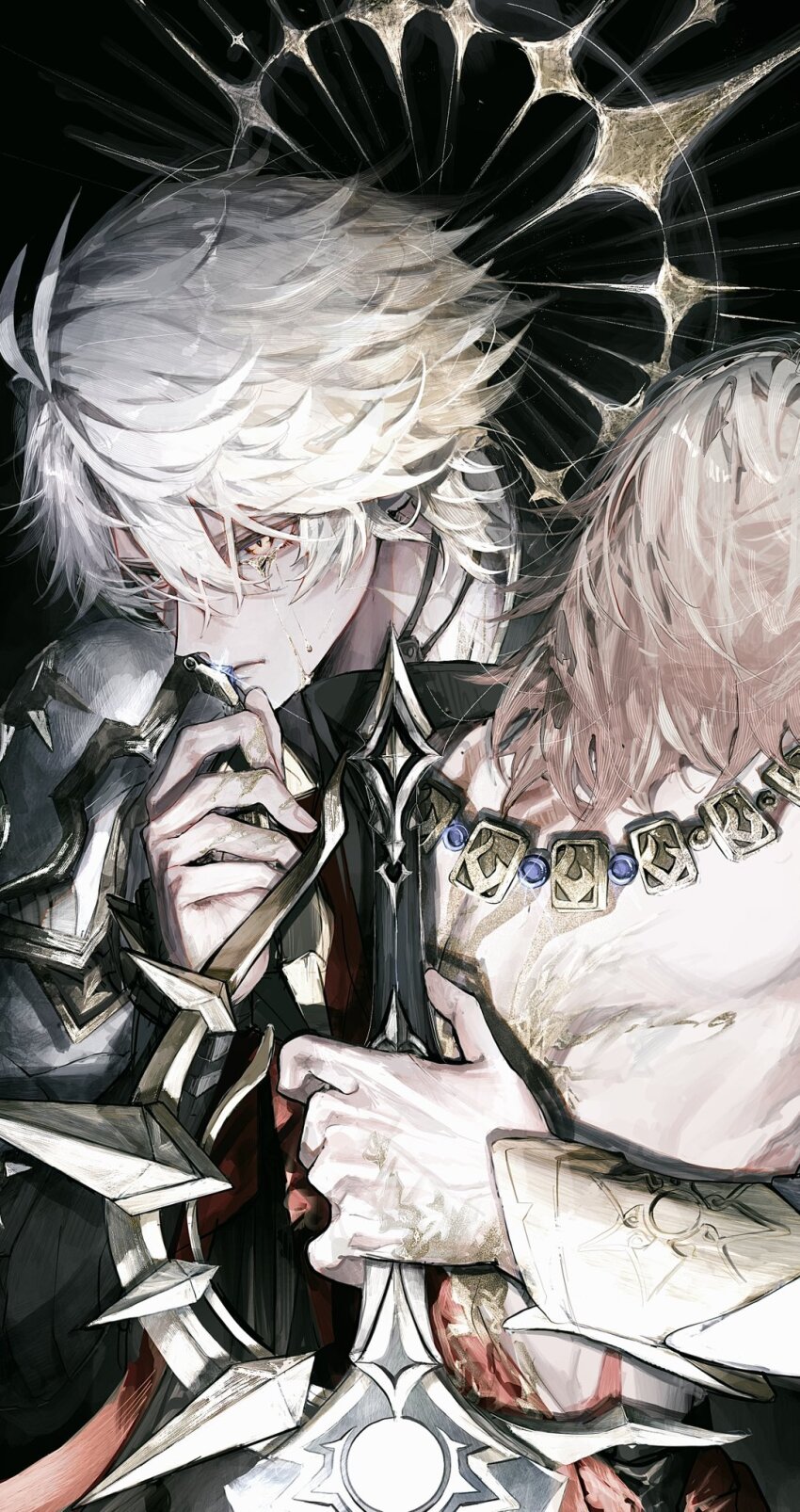 2boys antenna_hair armor back_tattoo black_background black_choker black_shirt blonde_hair blue_eyes choker coat gold_necklace gradient_hair halo halo_behind_head highres holding holding_sword holding_weapon honkai:_star_rail honkai_(series) jewelry male_focus multicolored_hair multiple_boys mydei_(honkai:_star_rail) neck_tattoo necklace pauldrons phainon_(honkai:_star_rail) red_hair red_tattoo shirt short_hair shoulder_armor simple_background single_pauldron sun_symbol sun_tattoo sunset_1830 sword tan tattoo tears weapon white_coat white_hair yaoi yellow_blood yellow_eyes yellow_halo
