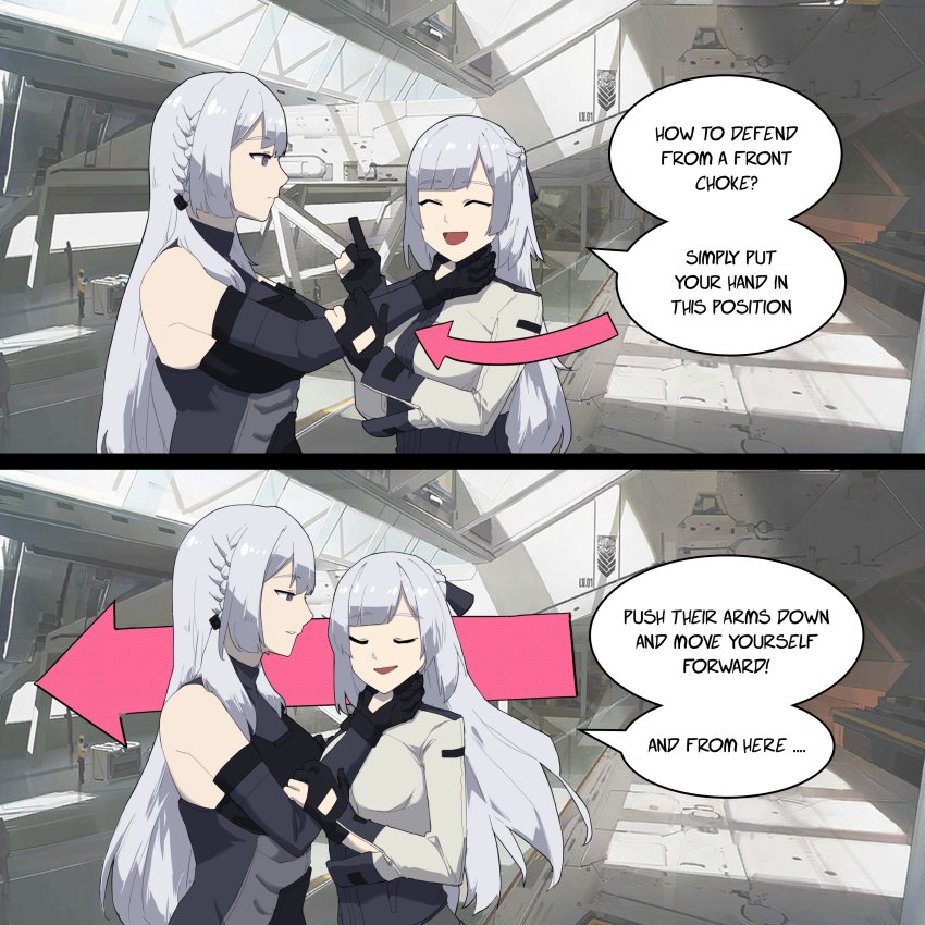 2girls 2koma absurdres ak-12_(girls&#039;_frontline) ak-15_(girls&#039;_frontline) arrow_(symbol) closed_eyes comic emblem english_text fingerless_gloves girls&#039;_frontline gloves griffin_&amp;_kryuger_logo highres multiple_girls neck_grab pointing speech_bubble tactical_clothes variasii white_hair