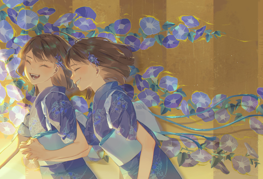 2girls absurdres bad_arm brown_hair closed_eyes fang fangs floral_print flower hair_flower hair_ornament highres holding_hands interlocked_fingers japanese_clothes kimono light_blush medium_hair morning_glory multiple_girls open_mouth original print_kimono ribbon smile tasuki user_ugag5523 yukata