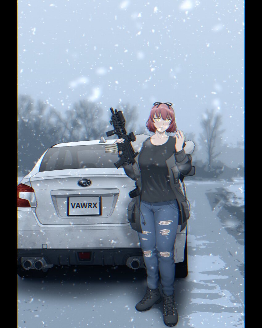 1girl black_shirt black_shoes blue_pants breasts brown_hair car collarbone denim fur-trimmed_jacket fur_trim grey_jacket gun hair_between_eyes highres holding holding_gun holding_weapon jacket jeans long_sleeves medium_breasts motor_vehicle open_clothes open_jacket original outdoors overcast pants puffy_long_sleeves puffy_sleeves shirt shoes sky snow snowing solo standing subaru_(brand) subaru_wrx torn_clothes torn_pants tree victorsechs weapon weapon_request white_car yellow_eyes