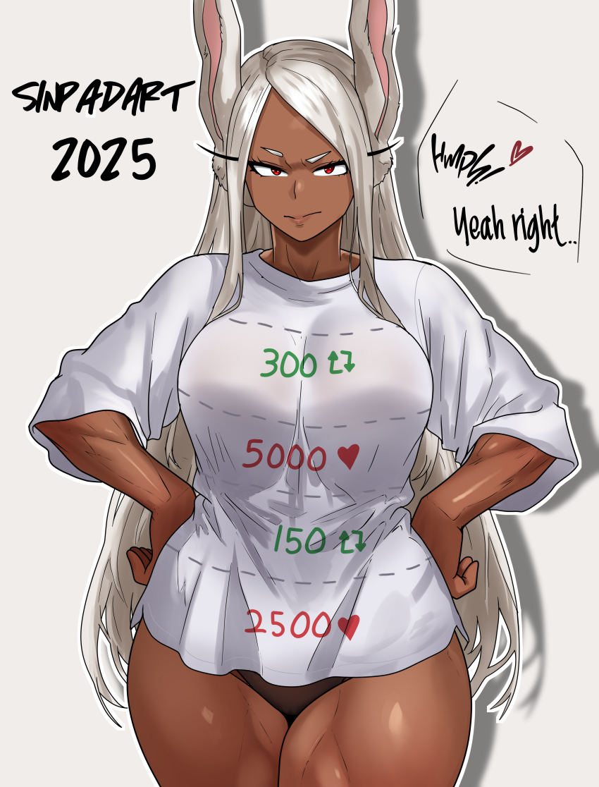 1girl 2025 absurdres animal_ears artist_name black_panties boku_no_hero_academia breasts closed_mouth commentary cut-here_line dark-skinned_female dark_skin dotted_line english_commentary english_text hands_on_own_hips heart highres large_breasts like_and_retweet long_eyelashes long_hair looking_at_viewer meme mirko panties parted_bangs rabbit_ears rabbit_girl red_eyes shirt simple_background sinpadart solo t-shirt thick_thighs thighs toned toned_female twitter_cutting_game twitter_strip_game underwear very_long_hair white_background white_hair white_shirt