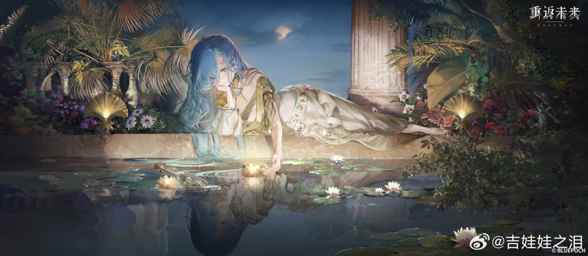 1girl 37_(reverse:1999) blue_eyes blue_hair bottle cloud copyright_name copyright_notice dress elbow_rest floating flower gtcpst head_rest highres lily_pad long_hair lotus lying night official_art on_floor on_side palm_leaf pillar reflection reverse:1999 solo water watermark weibo_username weibo_watermark white_dress