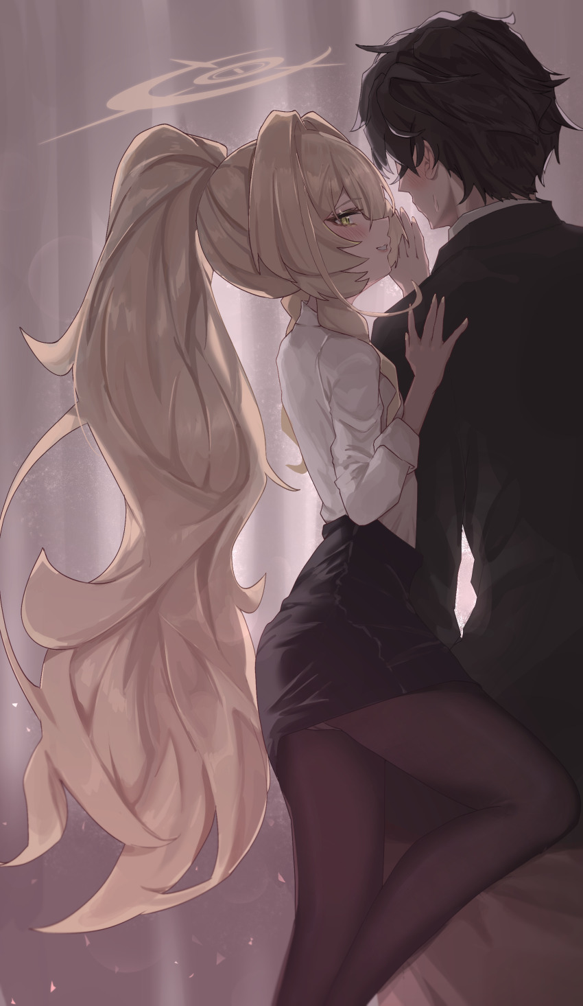1boy 1girl absurdres alternate_costume alternate_hairstyle black_hair black_jacket black_pants black_pantyhose black_skirt blue_archive blush from_behind from_side green_eyes hair_between_eyes highres jacket long_hair looking_at_viewer nekoplanetouo open_mouth pants pantyhose ponytail professor_niyaniya_(blue_archive) professor_niyaniya_(teacher)_(blue_archive) sensei_(blue_archive) shirt short_hair sidelocks sitting skirt standing standing_on_one_leg white_shirt