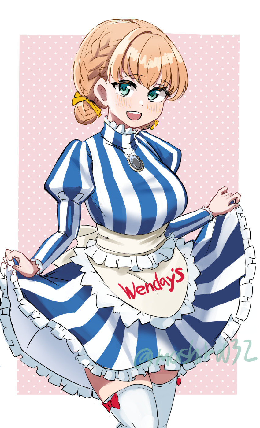 1girl :d alt_text apron aqua_eyes blue_dress blush border bow bow_legwear braid brand_name_imitation breasts clothes_writing cowboy_shot crossed_bangs double_bun dress ereka frilled_apron frilled_dress frills hair_bun hair_ribbon highres hinoshita_kaho juliet_sleeves large_breasts link!_like!_love_live! long_sleeves love_live! official_alternate_costume open_mouth orange_hair orange_ribbon outside_border pink_background polka_dot polka_dot_background puffy_sleeves red_bow revision ribbon short_dress short_hair side_braids skirt_hold smile solo striped_clothes striped_dress teeth thighhighs twitter_username upper_teeth_only vertical-striped_clothes vertical-striped_dress virtual_youtuber waist_apron waitress wendy&#039;s white_border white_thighhighs yellow_apron