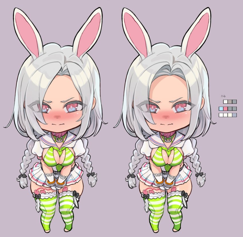 bikini bikini_top_only blush breasts chibi collar highres large_breasts ookuma_nekosuke original rabbit_ears red_eyes sex_toy silver_hair skirt striped_bikini_top striped_clothes striped_thighhighs swimsuit thighhighs