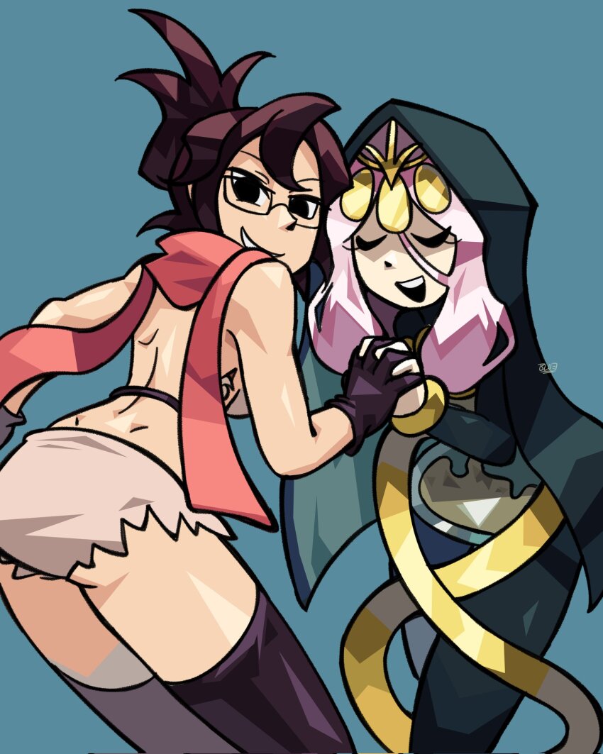 2girls aeon_(skullgirls) blue_background bracelet brown_hair closed_eyes cowboy_shot extra_mouth glasses gloves highres hood hourglass jewelry leaning_forward littleblue_seal looking_at_viewer multiple_girls open_mouth pink_hair red_hair scarf siblings sisters skullgirls smile thighhighs tiara venus_(skullgirls)