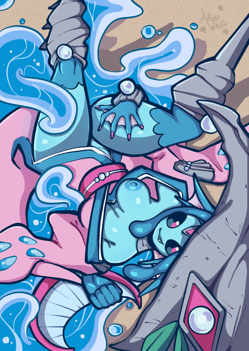 1girl absurdres ariemon artsu_waifu black_sclera blue_skin colored_sclera colored_skin digimon digimon_(creature) digimon_liberator female highres honey nail_polish pink_eyes sand