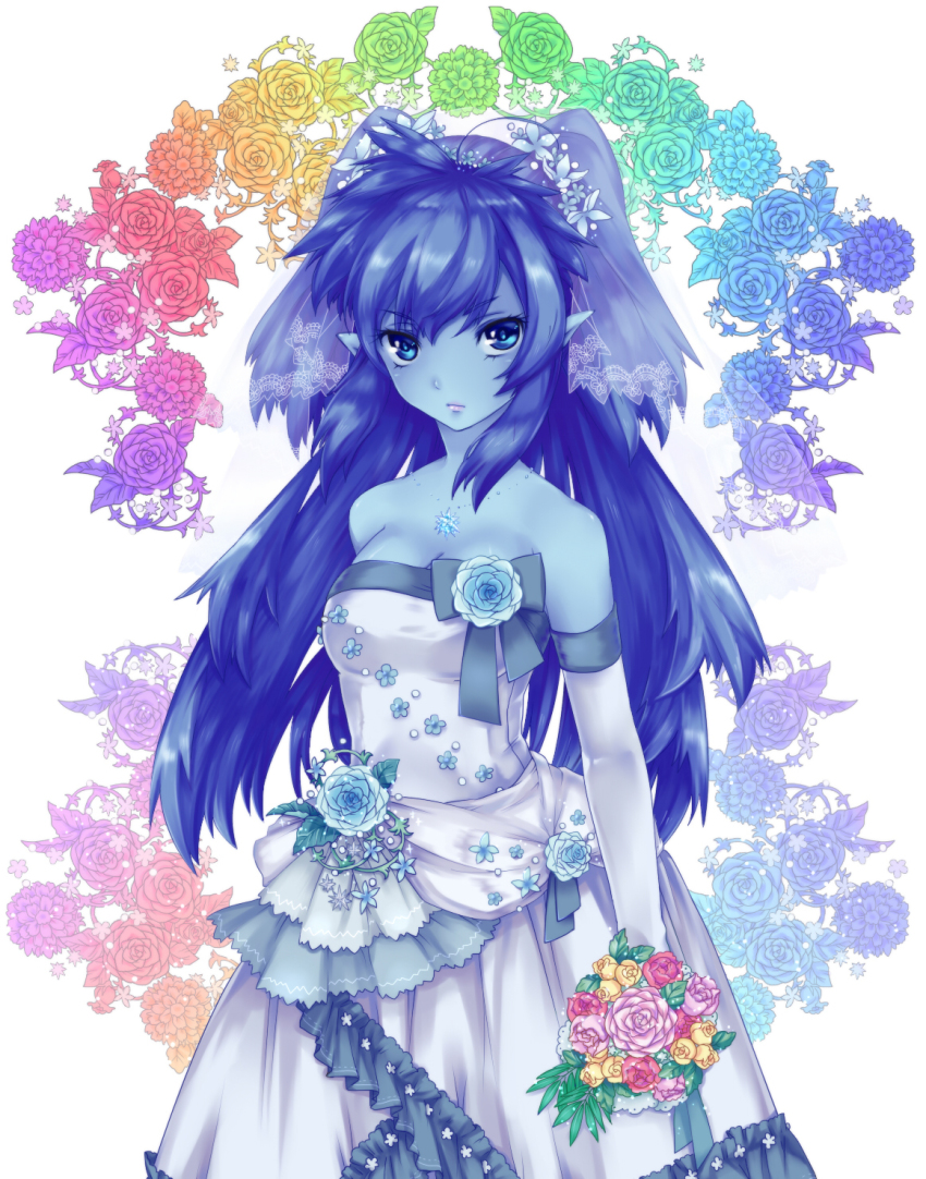 00s 1girl alternate_hairstyle blue_bow blue_eyes blue_hair blue_skin bouquet bow bridal_veil bride celsius_(tales) colored_skin dress expressionless female_focus floral_background flower frills hair_flower hair_ornament highres jewelry long_hair matching_hair/eyes necklace nijigami_rin pointy_ears rose solo strapless strapless_dress tales_of_(series) tales_of_eternia two_side_up veil wedding_dress white_dress