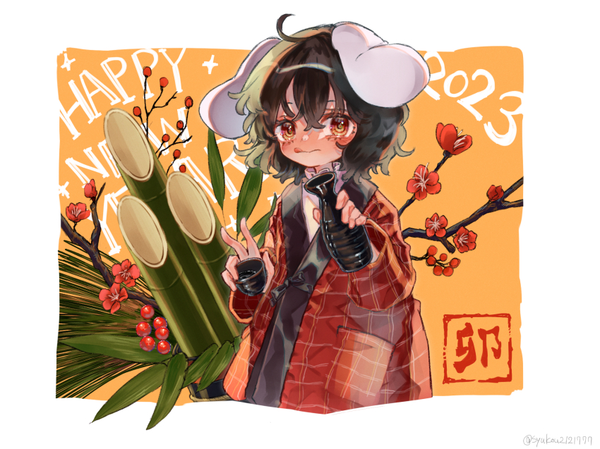 1girl 2023 :q ahoge alcohol alternate_costume animal_ears bamboo black_hair blush bottle branch choko_(cup) closed_mouth coat commentary_request cowboy_shot crossed_bangs cup flat_chest floppy_ears flower hair_between_eyes happi happy_new_year highres holding holding_bottle holding_cup inaba_tewi japanese_clothes kadomatsu looking_at_viewer new_year pink_flower rabbit_ears rabbit_girl red_coat red_eyes sake short_hair solo syukou tokkuri tongue tongue_out touhou wavy_hair
