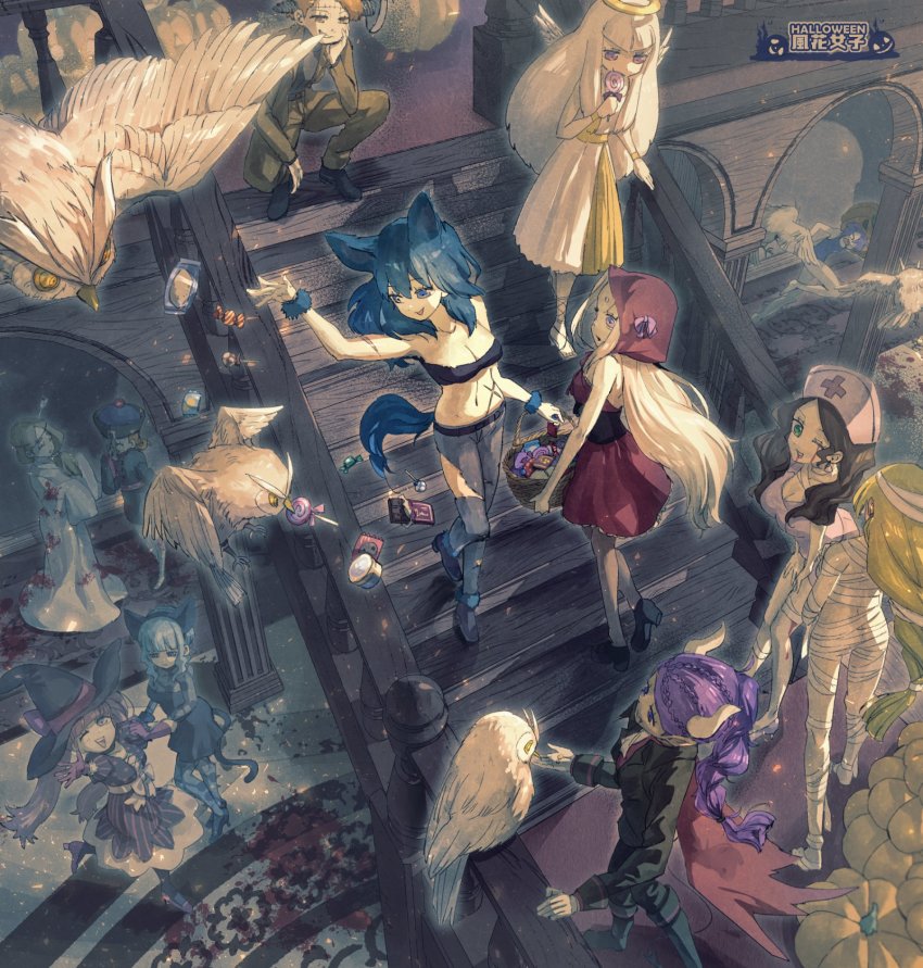 1boy 6+girls alternate_costume angel animal_costume animal_ears annette_fantine_dominic bernadetta_von_varley bird breasts female_byleth_(fire_emblem) candy cleavage demon_horns dorothea_arnault edelgard_von_hresvelg fake_animal_ears fake_wings ferdinand_von_aegir fire_emblem fire_emblem:_three_houses food halloween halloween_costume highres hilda_valentine_goneril hood horns ingrid_brandl_galatea jiangshi_costume korokoro_daigorou lysithea_von_ordelia marianne_von_edmund mercedes_von_martritz multiple_girls mummy_costume nintendo one_eye_closed owl petra_macneary pink_hair scar stairs tail wings wink wolf_costume wolf_ears wolf_tail