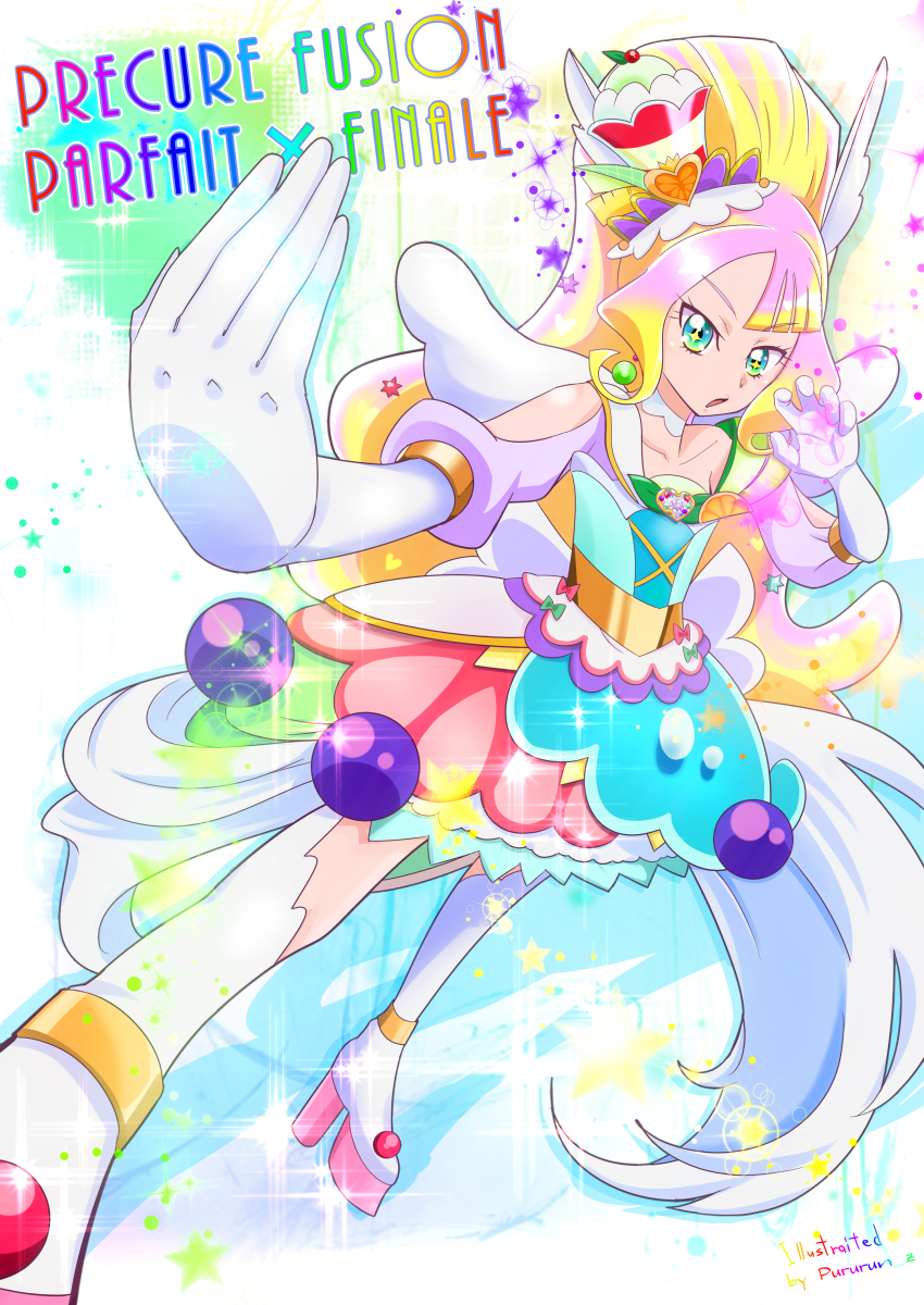 absurdres blonde_hair blue_eyes cure_finale cure_parfait delicious_party_precure dress elbow_gloves fusion gloves gradient_eyes green_eyes highres kasai_amane kirahoshi_ciel kirakira_precure_a_la_mode multicolored_eyes multicolored_hair paid_reward pegasus_wings pink_hair ponytail precure pururun_z