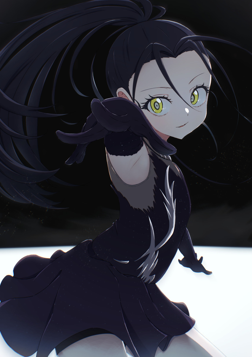 1girl absurdres armpits black_dress black_gloves black_hair child dress elbow_gloves figure_skating fuyuka_natsuki gloves highres ice ice_skating kamisaki_hikaru long_hair looking_at_viewer medalist_(manga) ponytail shorts shorts_under_skirt skating sleeveless smile solo yellow_eyes