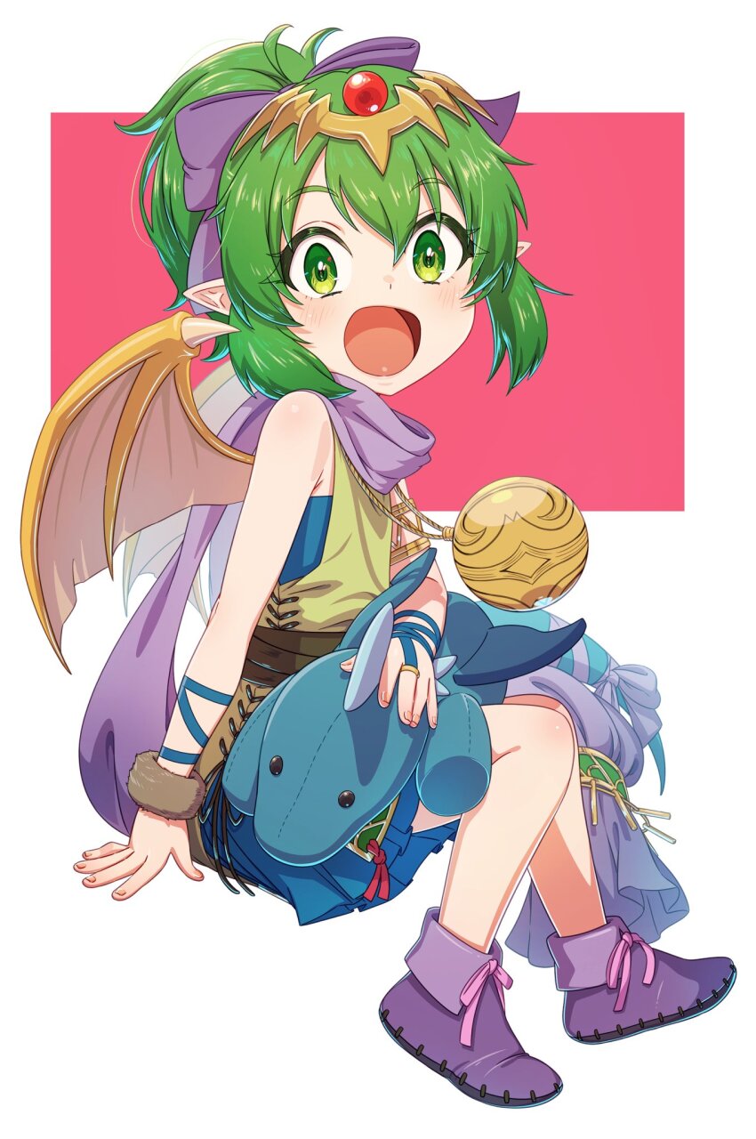 1girl aduti_momoyama bow commentary_request dragon_girl dragon_wings fire_emblem fire_emblem:_mystery_of_the_emblem fire_emblem_heroes full_body green_eyes green_hair hair_bow highres looking_at_viewer nintendo official_alternate_costume open_mouth ponytail purple_bow purple_scarf purple_shoes scarf shoes sitting solo stuffed_animal stuffed_dragon stuffed_toy tiara tiki_(fire_emblem) tiki_(young)_(dragon&#039;s_progeny)_(fire_emblem) tiki_(young)_(fire_emblem) wings