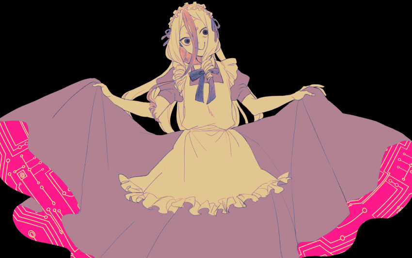 1girl apron blonde_hair c: circuit_board_print closed_mouth dress empty_eyes feet_out_of_frame flat_color frilled_hairband frills hair_between_eyes hairband head_tilt highres indie_virtual_youtuber kakazu_(roro_lll_) limited_palette long_bangs long_hair looking_at_viewer multicolored_dress multicolored_hair muted_color neck_ribbon pink_dress print_dress purple_dress ribbon ringlets sidelocks simple_background skirt_hold smile solo standing streaked_hair tanba_toshio virtual_youtuber wide-eyed