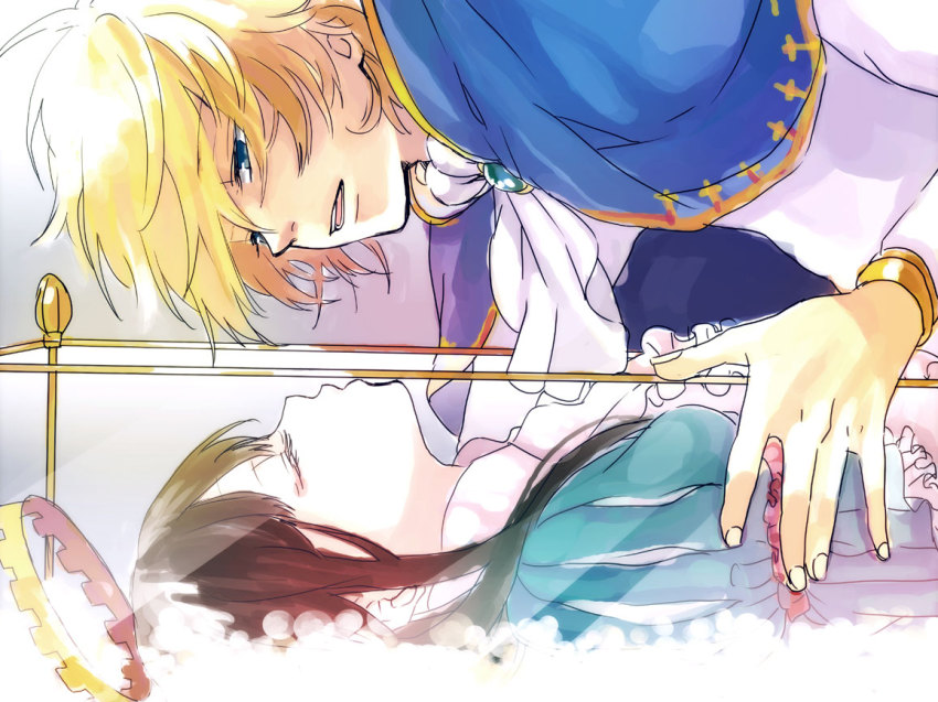 1boy 1girl coffin crown from_side maerchen_(sound_horizon) prince princess puff_and_slash_sleeves puffy_sleeves schneewittchen_(maerchen) sleeping snow_white_(fairy_tale) snow_white_and_the_seven_dwarfs sound_horizon tettere unworn_crown yamako_(state_of_children)